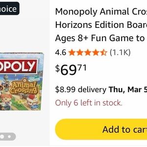 Hasbro Monopoly Animal Crossing Board Game - Multicolor